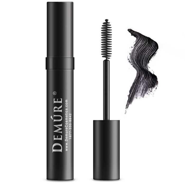 Tube of Demure High Def Black Mascara with applicator and swatch of color
