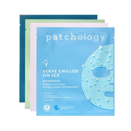 Serve Chilled On Ice hydrogel face mask packets in blue layered packaging for cooling skincare treatment