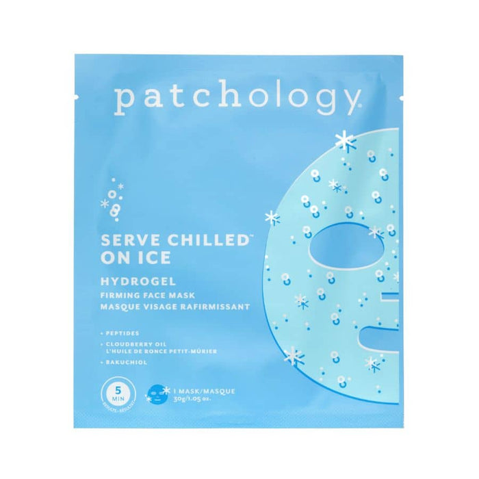 Serve Chilled On Ice hydrogel face mask packet, blue cooling skincare packaging with firming ingredients