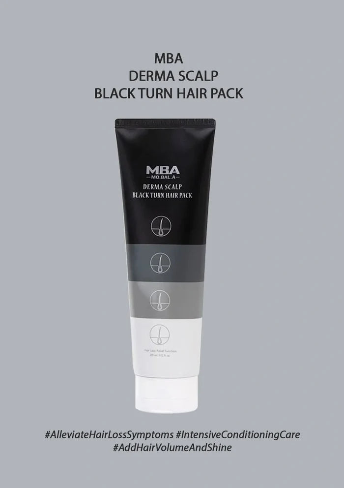 MBA Derma Scalp Black Turn Hair Pack tube on a gray background