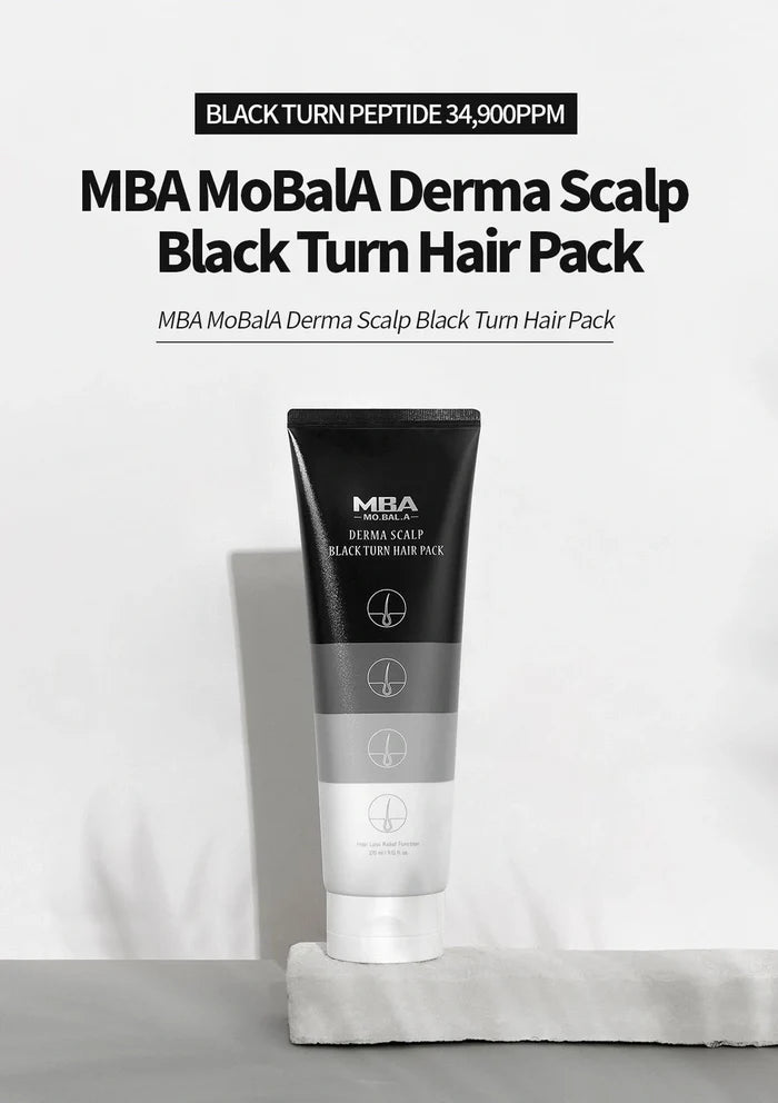 MBA MoBaLA Derma Scalp Black Turn Hair Pack tube on a light gray background