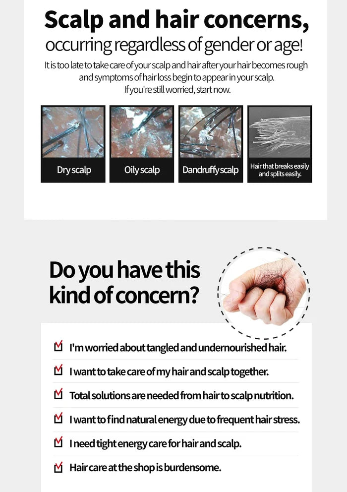 Advertisement about scalp and hair concerns with images of dry, oily, and dandruffy scalps.