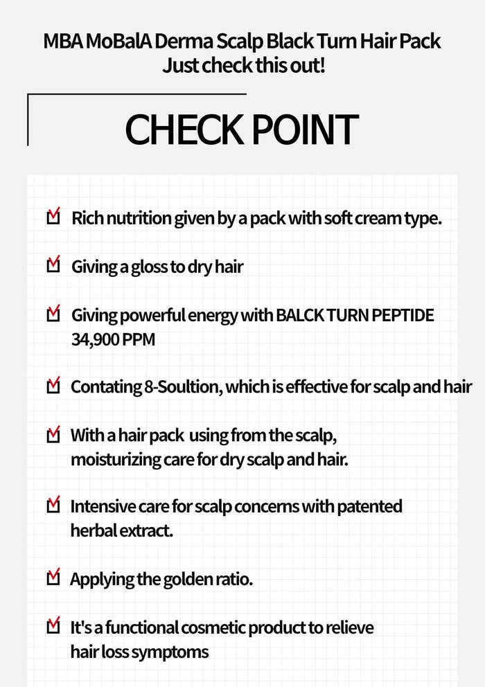 Advertisement for MBA MoBaA Derma Scalp Black Turn Hair Pack with text highlighting features.