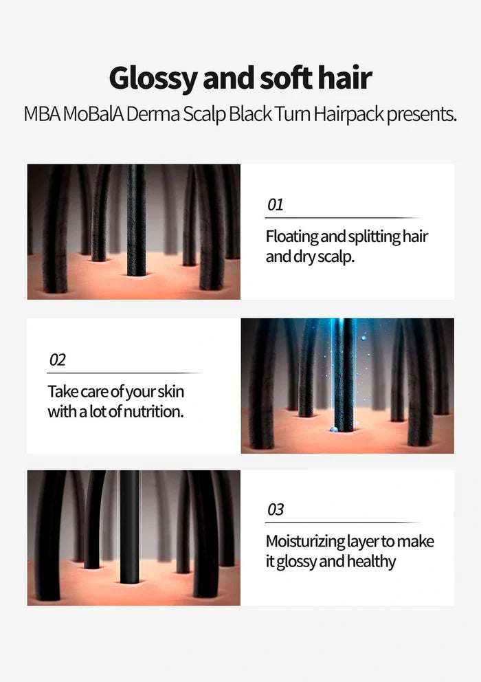 Advertisement for MBA MoBaLA Derma Scalp Black Turn Hairpack showing glossy and soft hair benefits.