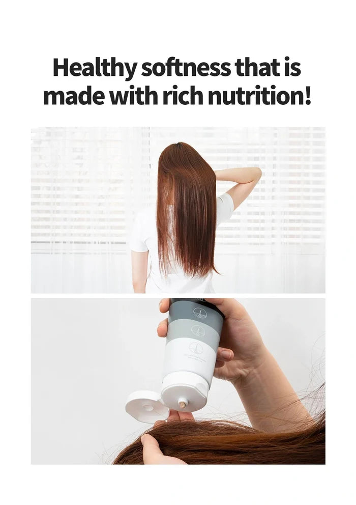 Person with long hair using a hair care product with text about healthy softness and rich nutrition.