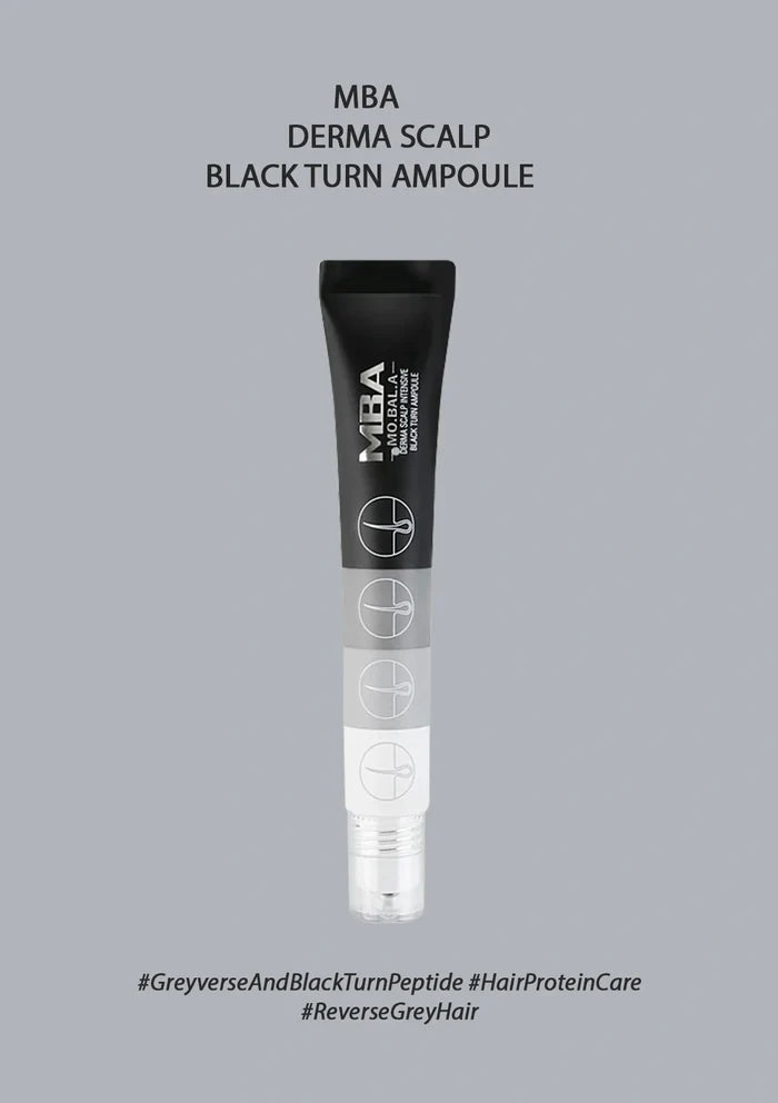 Black ampoule bottle with 'MBA' branding on a gray background