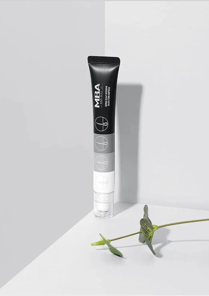 Black tube labeled 'MBA' on a white background with a green plant stem.