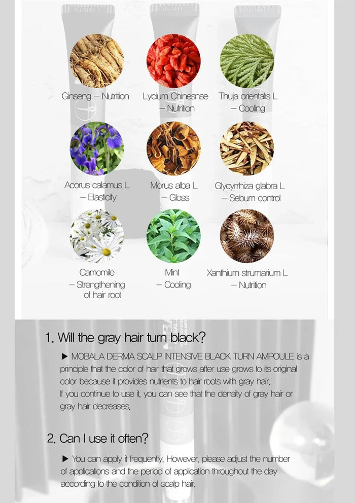 Scalp care product packaging with various herbs and text on a white background
