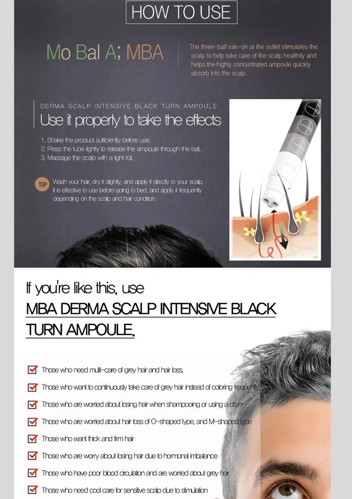 Instructions on how to use a derma scalp intensive black turn ampoule with an illustration and text.