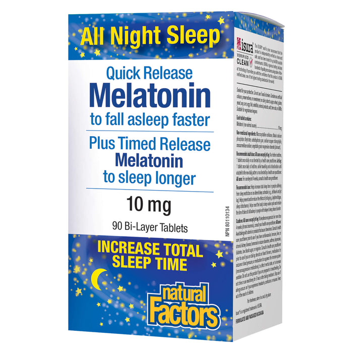 Box of Natural Factors Melatonin Quick Release 10mg 90 Bi-Layer Tablets