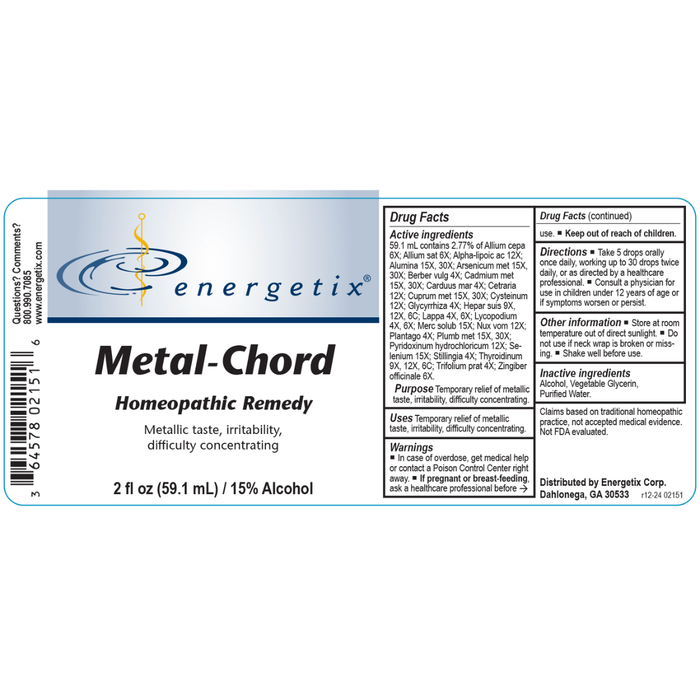 Metal-Chord is a homeopathic combination formula for symptoms related to the presence of heavy metals.