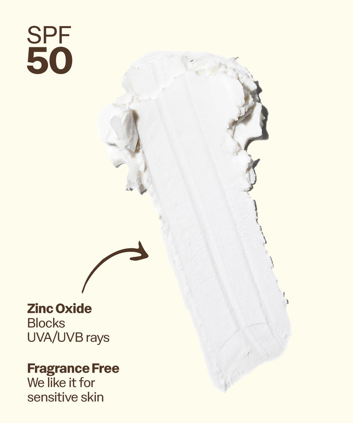 White sunscreen cream with SPF 50 and zinc oxide information on a light beige background. Zinc Oxide
Blocks
UVA/UVB rays
Fragrance Free
We like it for sensitive skin