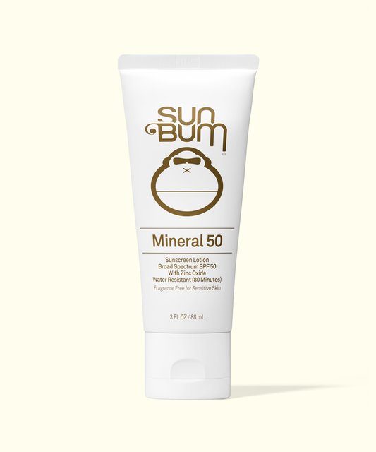 Sun Bum Mineral 50 sunscreen lotion tube on a white background