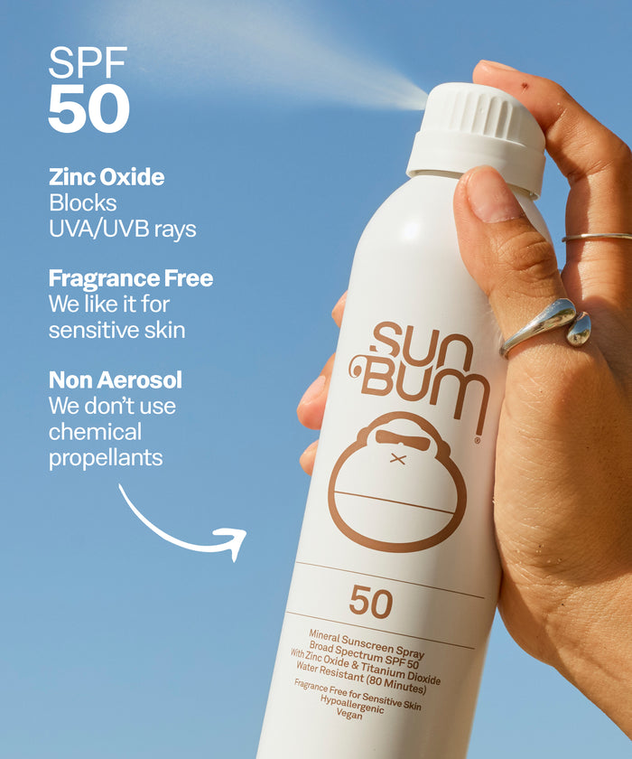 Sun Bum sunscreen spray bottle held by a hand with a blue sky background. Zinc Oxide
Blocks
UVA/UVB rays
Fragrance Free
We like it for sensitive skin
Non Aerosol
We don't use chemical propellants