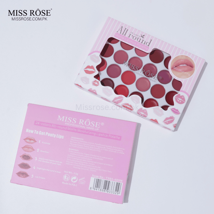 Miss Rose 24-Color Matte Moisturizing Lipstick Palette for bridal makeup