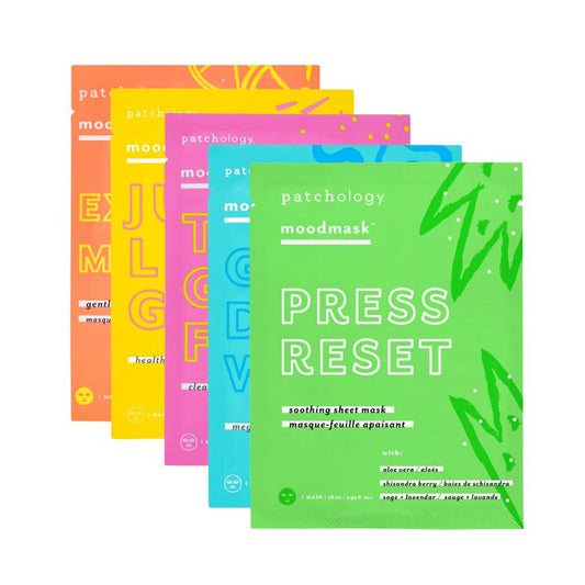 Five Patchology moodmask sheet masks in fanned orange, yellow, pink, blue, and green packets for facial skincare.