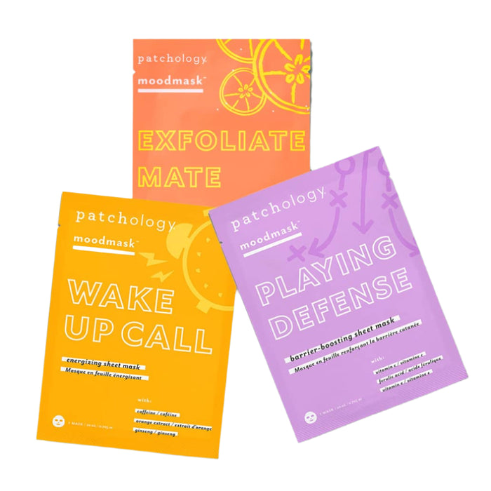 Patchology Moodmask sheet mask trio featuring Exfoliate Mate, Wake Up Call, and Playing Defense, with bright orange, yellow, and purple packaging for targeted skincare benefits