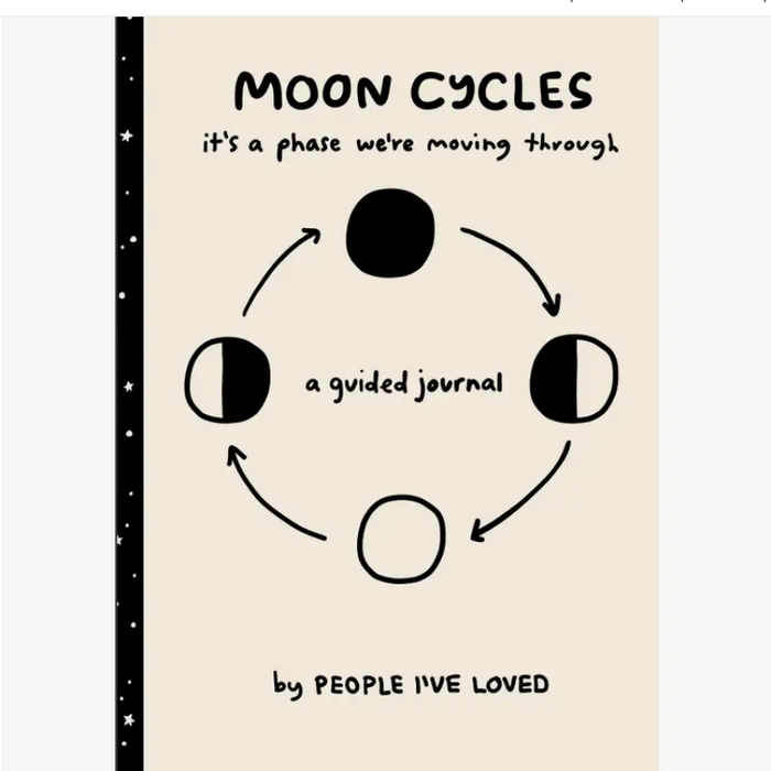 Moon cycles guided journal cover with black moon-phase circles and guided journal title