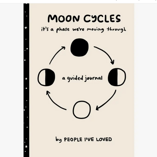 Moon cycles guided journal cover with black moon-phase circles and guided journal title