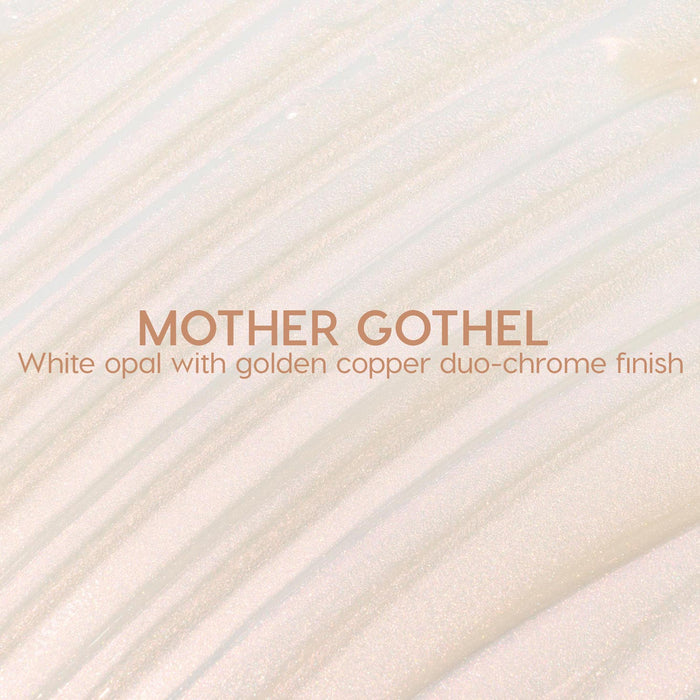 Mother Gothel ColourPop Liquid Highlighter swatched in glossy, sweeping strokes, showing a white opal base that shifts to a golden copper duochrome with fine shimmer; close-up texture view for shade selection.
