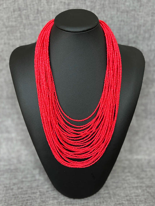 Multi Layer Red Beaded Bib Choker Necklace Chunky Boho Chic Statement Jewelry