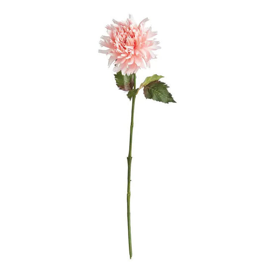 A single chrysanthemum flower with a long green stem and lush leaves from NAPA HOME AND GARDEN. The life-like pink petals are layered for a full bloom against a plain white background, highlighting its realistic beauty.