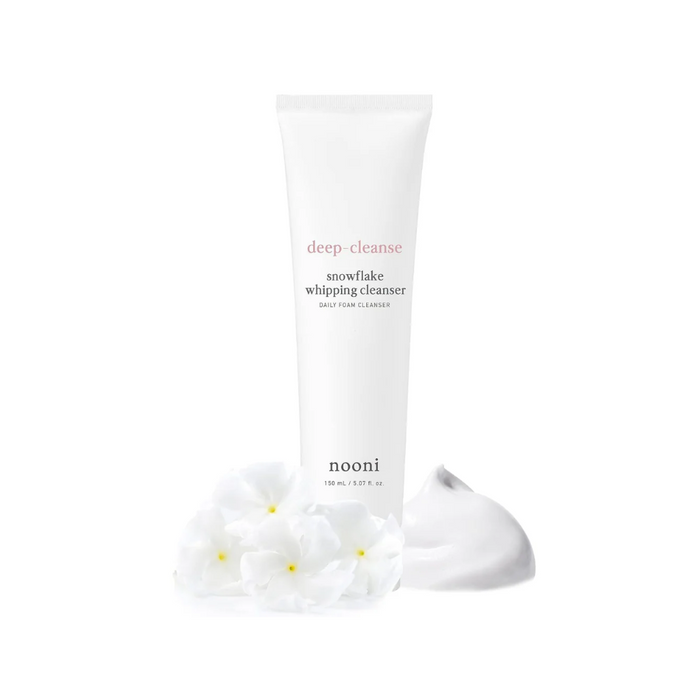 NOONI Snowflake Whipping Cleanser is a rich foaming cleanser that gently removes impurities and makeup while keeping the skin soft and hydrated. Formulated with soothing ingredients like Althaea Officinalis Root Extract and Saussurea Involucrata Extract, it calms and nourishes the skin. The creamy, whipped texture provides a thorough yet gentle cleanse, with Kaolin helping to purify and balance oil levels. Infused with a blend of floral extracts such as Rose, Jasmine, and Lily, it revitalizes th