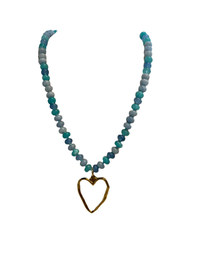 Ocean Water Clearwater Beaded Necklace W/Heart Charm