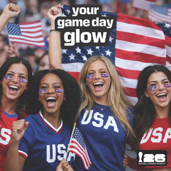 Four women cheering with American flags and 'USA' shirts, with text 'your game day glow' patchology fifa under-eye patches.