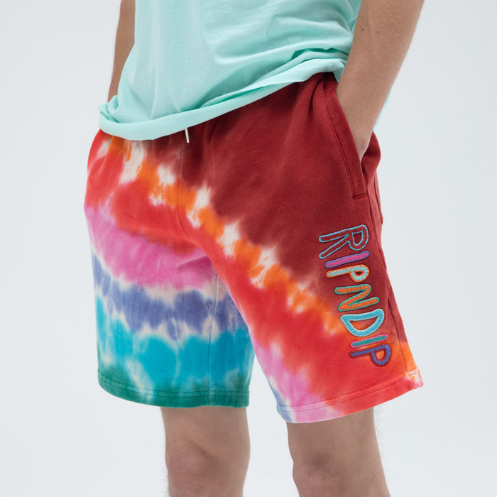 RIPNDIP OG Prisma Embroidered Sweatshorts (Red Tie Dye)