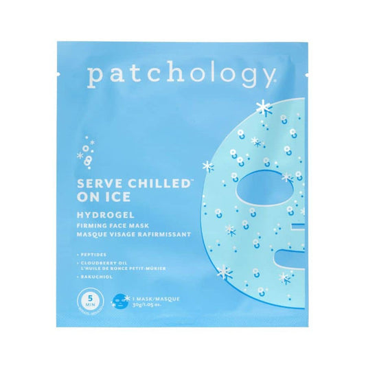 Serve Chilled Hydrogel Firming Face Mask in a light blue packet, featuring peptides, cloudberry oil, and bakuchiol for a cooling skincare treatment.
