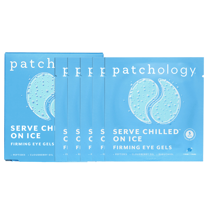 Patchology Serve Chilled On Ice firming eye gels multi-pack with blue sachets fanned out on white background