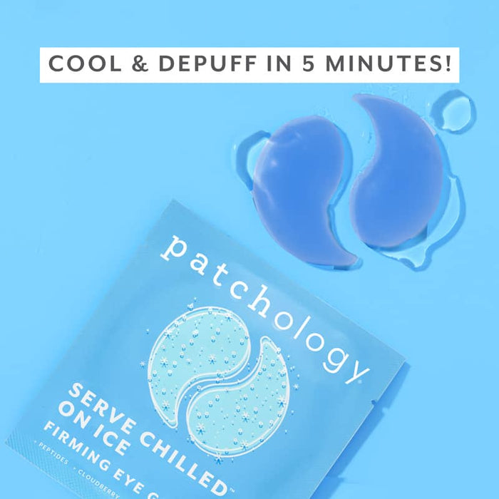 Serve Chilled On Ice firming eye gels pouch with blue hydrogel patches and “cool & depuff in 5 minutes” text on blue background