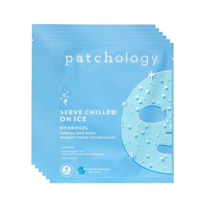 Serve Chilled On Ice hydrogel face mask packs in icy blue with snowflake design for firming skincare