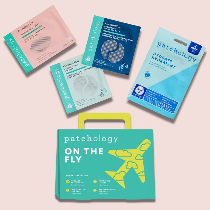 Patchology “On The Fly” travel facial kit with assorted FlashPatch eye gels and Hydrate sheet mask, complete skincare set for hydrating, refreshing, and revitalizing skin on the go