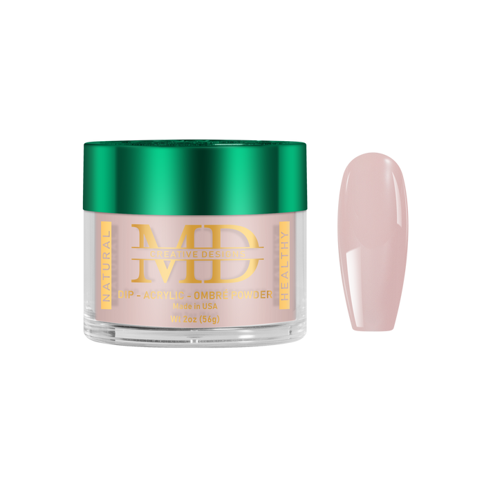 Jar of MD nail powder with a pink nail tip color swatch on a white background