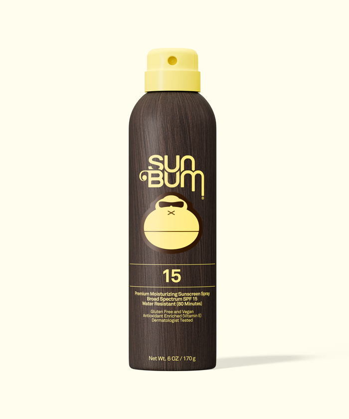 Sun Bum Original moisturizing sunscreen spray with SPF 15 in a brown and yellow bottle