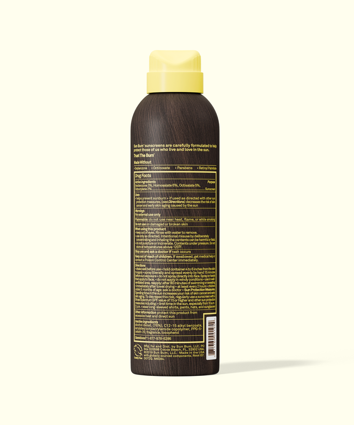 Back view of Sun Bum Original SPF 15 Sunscreen Spray bottle showing detailed product information and instructions.