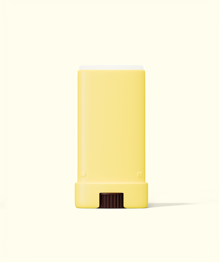Sun Bum Original SPF 30 Sunscreen Face Stick in yellow container with brown twist dial, cap off on white background