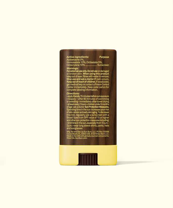 Back view of Sun Bum Original SPF 30 Sunscreen Face Stick showing active ingredients and usage directions.