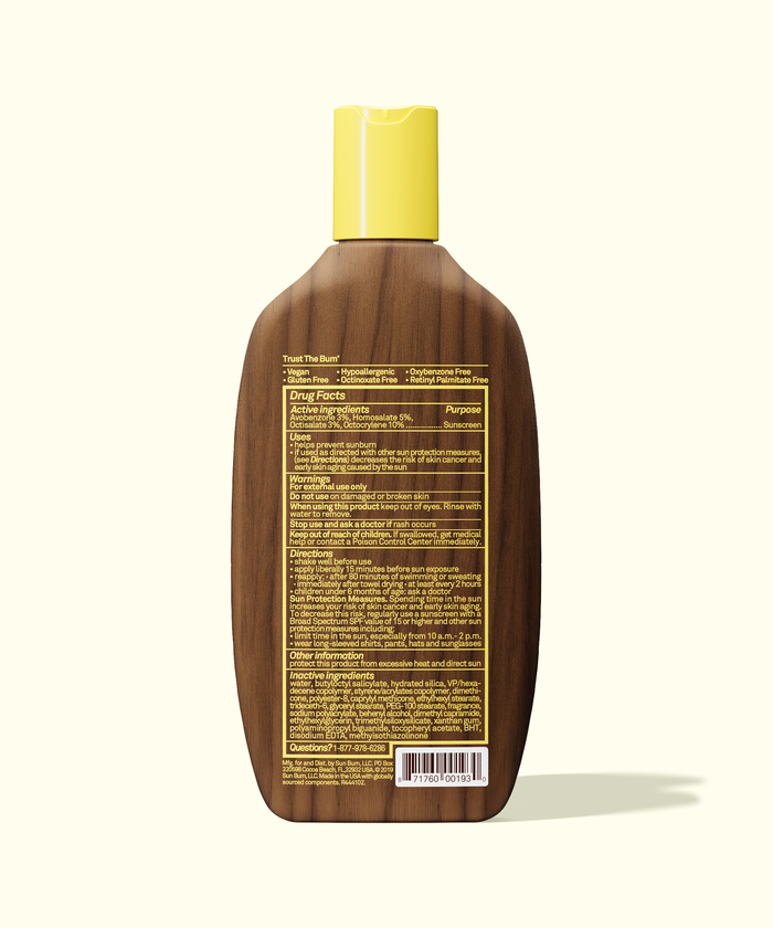Back view of Sun Bum Original SPF 30 Sunscreen Lotion bottle showing drug facts and usage instructions.