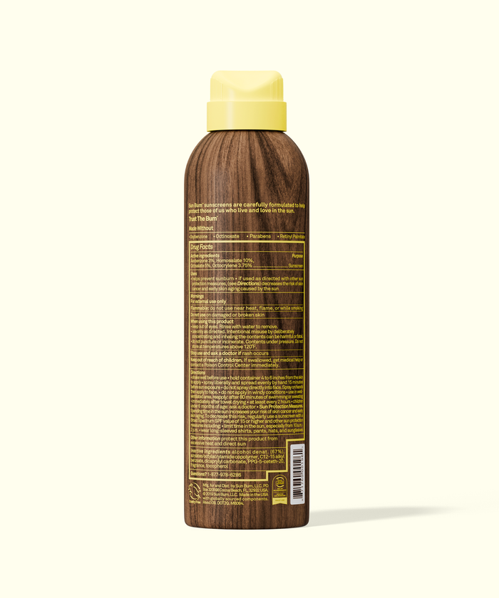 Back view of Sun Bum Original SPF 30 Sunscreen Spray bottle with yellow cap and woodgrain design.