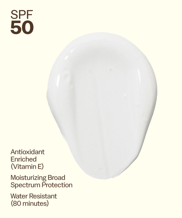 White sunscreen product with SPF 50 and additional benefits on a light yellow background