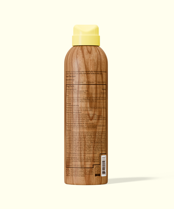 Back view of Sun Bum Original SPF 50 Sunscreen Spray with yellow cap and wood-textured bottle design.