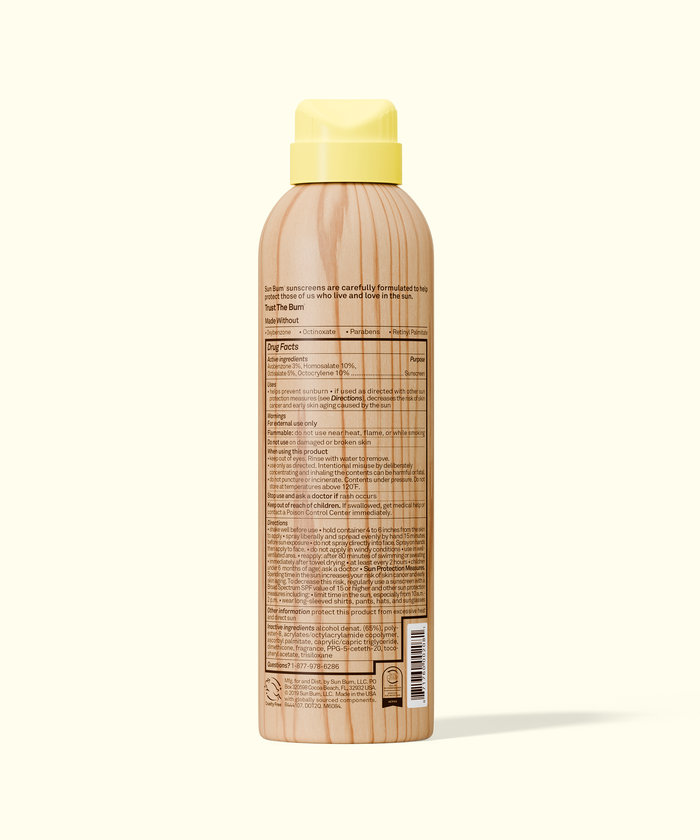 Back view of Sun Bum Original SPF 70 Sunscreen Spray bottle showing detailed product information and instructions.