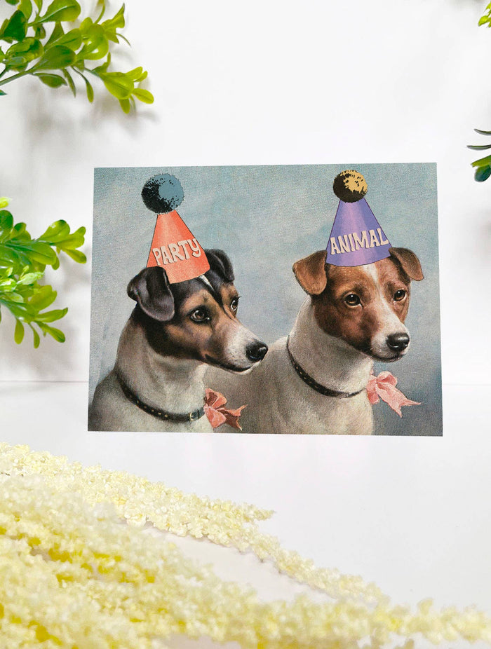 Colorful Party Animal Dogs greeting card by The Coin Laundry featuring playful dog illustrations on a festive background.
