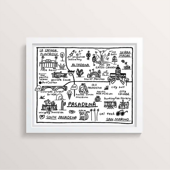 Framed Pasadena map-themed print with black line drawings on white mat