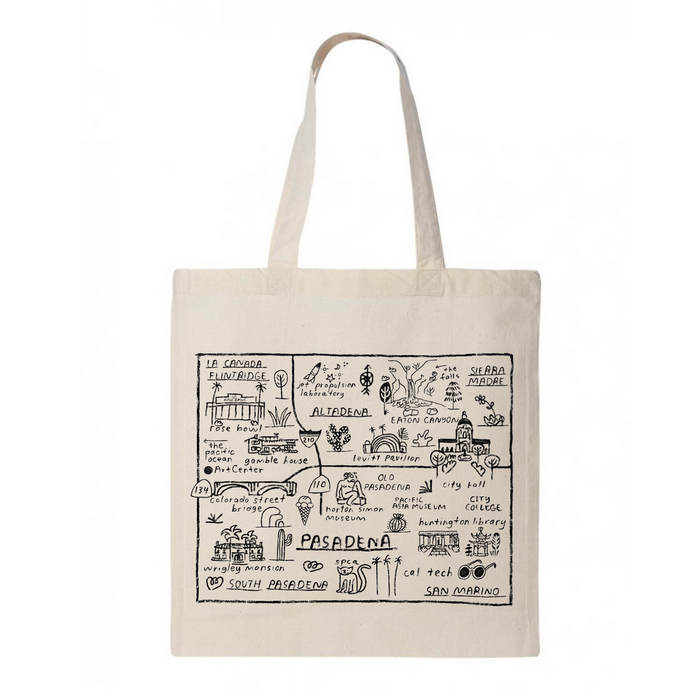 Cream canvas tote bag with black illustrated Pasadena map graphic, two handles