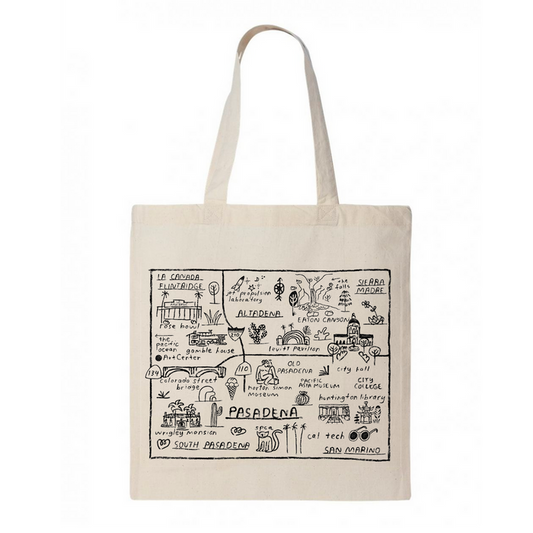Cream canvas tote bag with black illustrated Pasadena map graphic, two handles