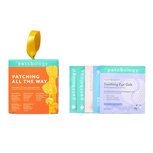 Patchology Patching All The Way holiday eye gel collection box with assorted soothing eye gel sachets displayed beside it